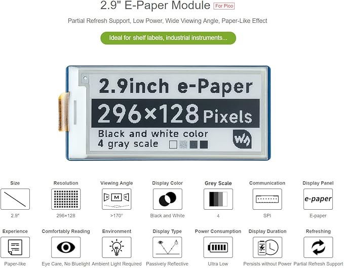 waveshare 2.9inch E-Paper E-Ink Display Module for Raspberry Pi Pico 296×128 Pixels Black/White Partial Refresh Support with SPI Interface