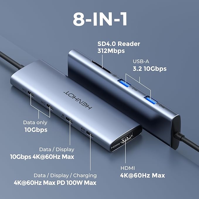 Versatile USB C Video Hub 3 Monitors Docking Station with DP Alt Dual 4K@30Hz HDMI 100W PD 10Gbps*6Ports SD 4.0 Laptop Docking Station for Dell HP ASUS Steam Deck Rog Ally Legion GoSamsung