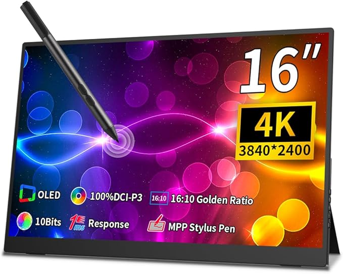 16 inch 4k OLED Touchscreen Portable Monitor 3840 x 2400 100% P3 Portable Display MPP Stylus Pen Compatibility 1MS Eye Care PC Monitor for LaptopMac NUC Mini PCVESA &amp Integrated Stand