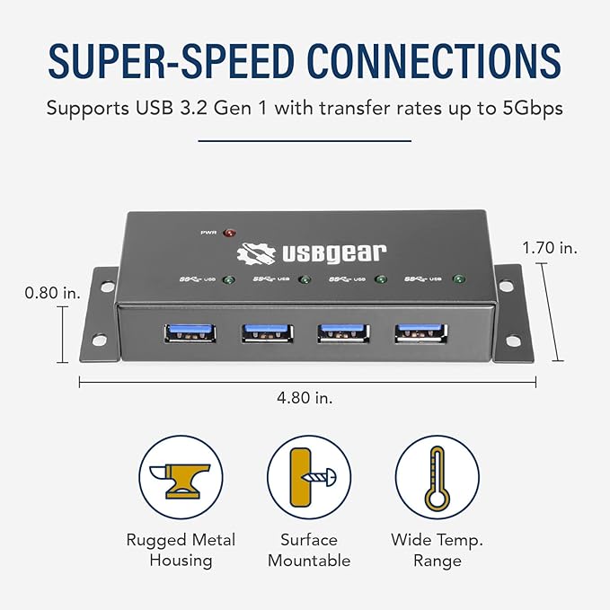 USBGear Compact 4-Port USB 3.2 Gen 1 Mini High-Power Hub w/Power Adapter Port Status LEDs 5 Gbps Data Surface Mountable