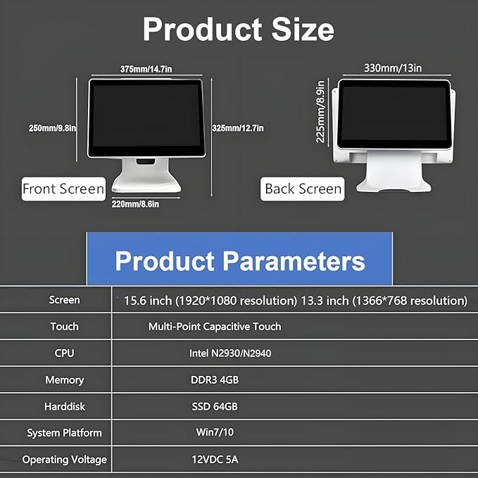 Smart Touch Screen Cash Register Pos15.6 Inch Touch Screen Pc PosCPU N2930 4GB RAM 64GB SSD Windows 10 Pro for Retail Catering Hospitality Singlescreen