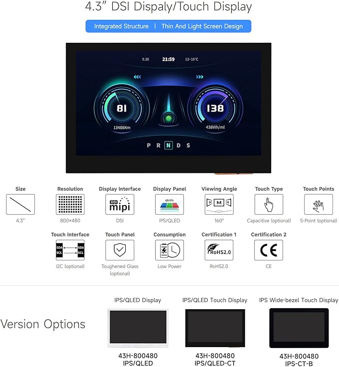 Waveshare 4.3inch DSI Display 800 × 480 Resolution IPS Compatible with Raspberry Pi 4B/3B+/3A+/3B/2B/B+/A+ CM3/3+/4 Touch Version