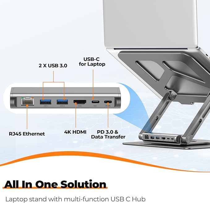 Tobenone Laptop Docking Station Stand for MacBook Pro/Air/Dell/HP/Surface/Lenovo Mac Docking Station with 4K HDMI USB 3.0 RJ45 PD 3.0 USB C Laptop Stand Hub for Desk with 360 Rotating Base Grey