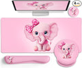 Elephant Mouse Pad Desk Mat Set Kawaii Gaming Ergonomic Mouse Pad with Wrist Support Wrist Rest for Computer Keyboard Cup Coaster Cute Pink Elephant Office Supplies Desk Decor Accessories