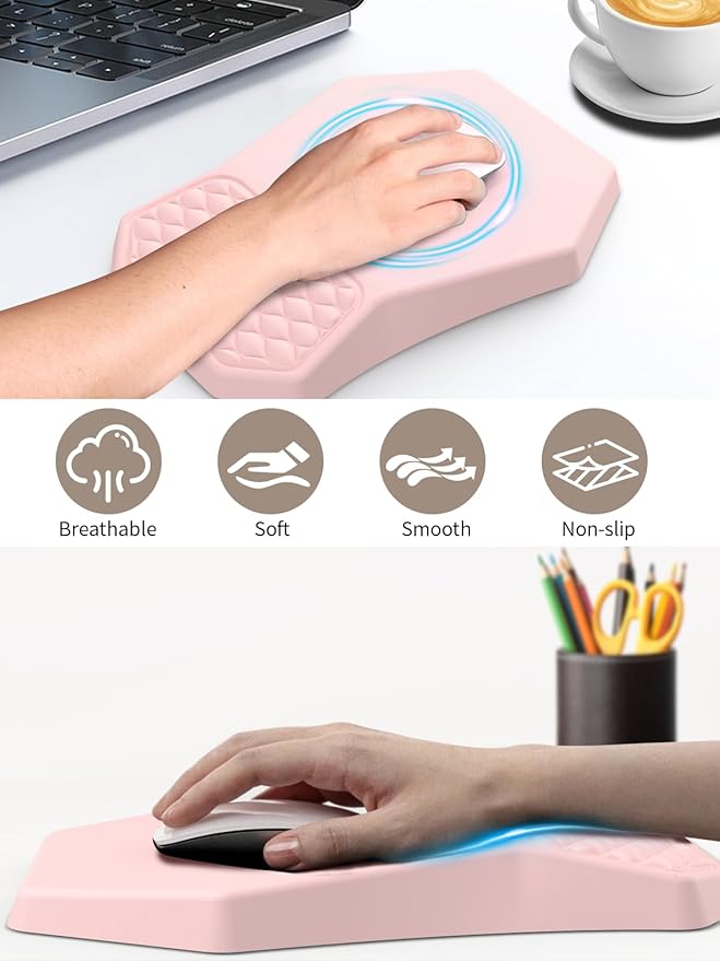 3-in-1 Ergonomic Keyboard Stand with Wrist Rest &amp Mouse Pad Set Comfy Keyboard Riser Holder Soft Mousepad with Massage Design Memory Foam and Non-Slip PU Base for Pain Relief Pink