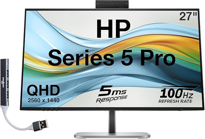 HP Series 5 Pro 27 QHD IPS Monitor with 5ms Response Time Anti Glare Flicker Free 350 Brightness Nits VESA Mount (100mm) Displayport HDMI &amp Dockztorm USB Port Expander Black/Silver