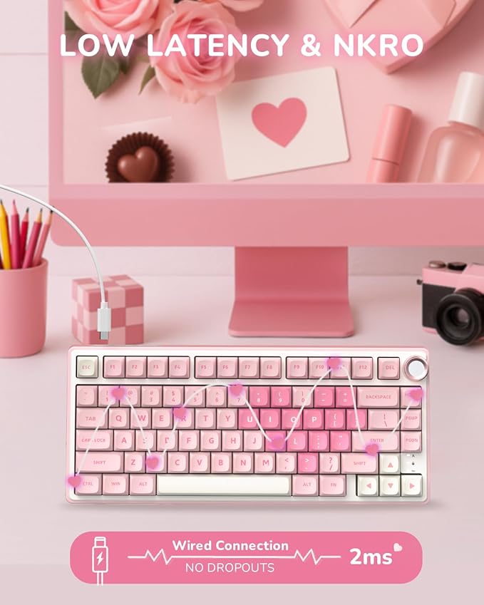 RK ROYAL KLUDGE R75 Mechanical Keyboard Wired with Volume Knob 75% Keyboard Gasket Mounted Hot Swappable Creamy Sound MDA Profile PBT Keycaps Pink
