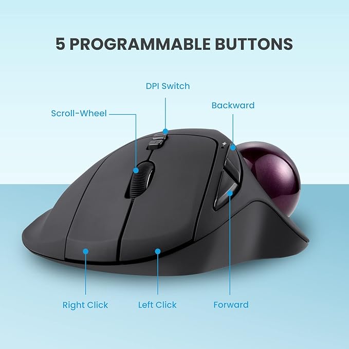 Perixx11568 Perimice-717 Wireless Trackball Mouse Build-in 1.34 Inch Trackball with Pointing Feature 5 Programmable Buttons 2 DPI Level Black