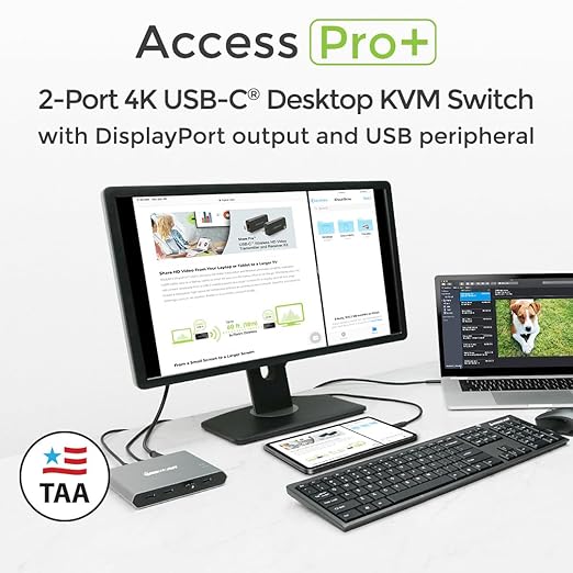 IOGEAR Access Pro Plus 2-Port USB-C KVM Switch 1 Monitor 2 Computers 4K 60Hz DisplayPort Output 4-Port USB Hub 100W Power Thunderbolt 3/4 Compatible Remote Switch (GCS1602CC)