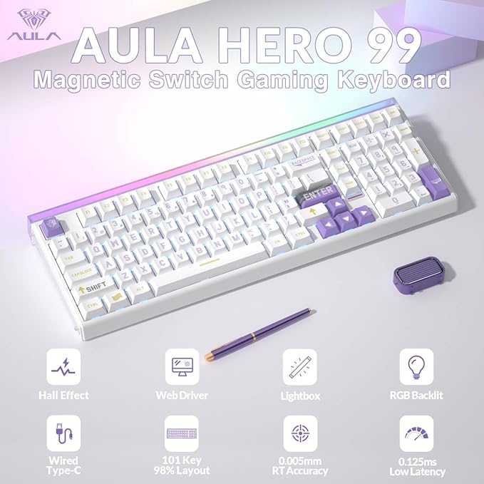 AULA Hero 99 Wired Gaming Keyboard Hall Effect Keyboard with Rapid Trigger Mode Hot Swappable Magnetic Switch Keyboard with Number Pad Web DriverRGB Backlit Mechanical Keyboard for Office PC Gamer