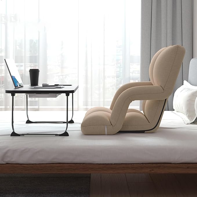 Folding Floor Chair with Back Support Adjust Lay Flat Recliner Folding Floor Gaming Chair Japanese Floor Chair Foldable Ergonomic Single Sofa Seat for Living Room Bedroom(/Khaki)