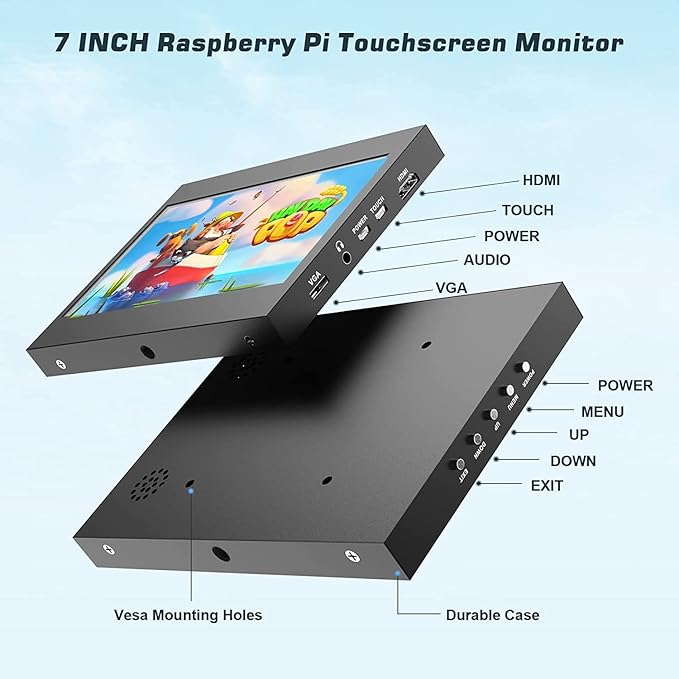 PONPY 7 Raspberry Pi Touchscreen Monitor USB/HDMI Portable Monitor Capacitive Pi Display for PC Phones Raspberry Pi 4B 3B+ 3B 3A+ 2B B+