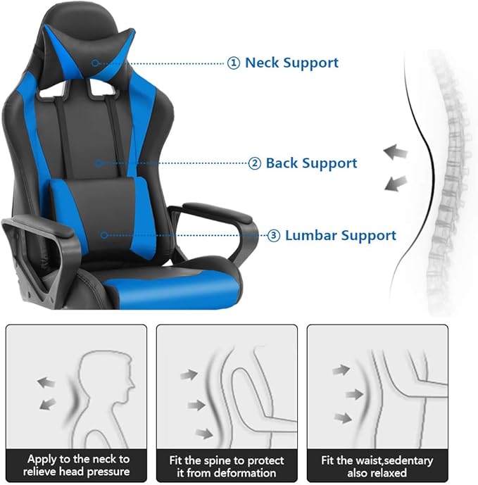 Racing Style Gaming Chair Office Chair High Back Computer Chair Leather Desk Chair Ergonomic Executive Chair Adjustable Video Game Chair Swivel Task Chair w/Headrest and Massage Lumbar Support Blue