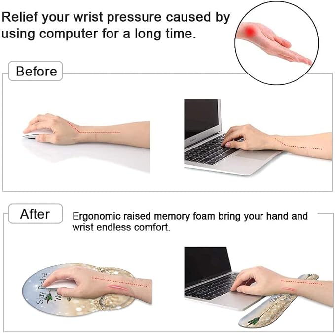 Keyboard Wrist Rest and Mouse Pad Wrist Support Set with CoastersStay Positive Work Hard and Make It Happen Inspirational Quote Wrist Mouse Pad with Non-Slip PU Base for Computer Laptop Home Office