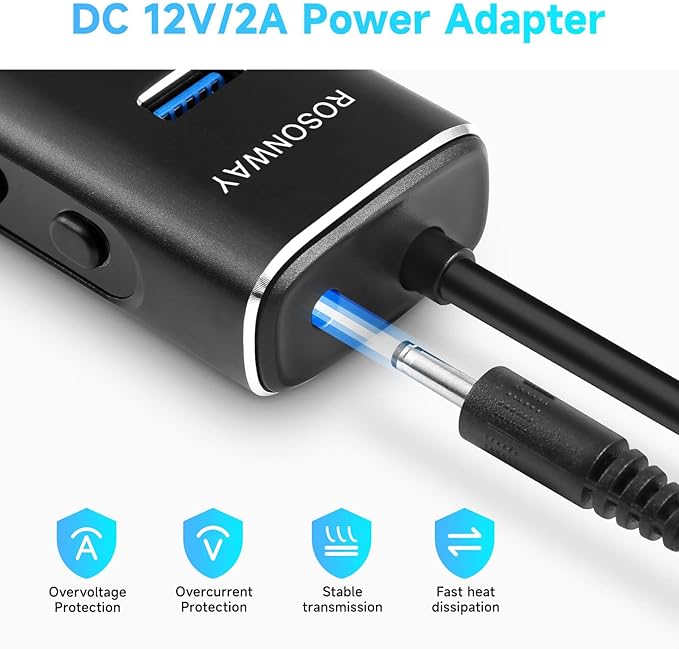 Rosonway 8 Ports Powered USB 3.2/USB C Hub with 6 USB-A 3.2 Ports 10Gbps SD/TF Card Readers 3.3ft USB Cable and 12V/2A Power Adapter USB Expander Splitter for Laptop and PC