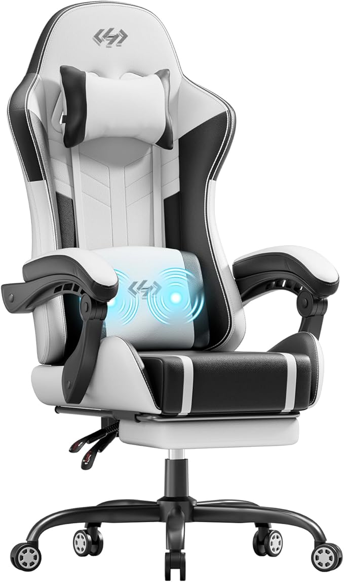 HLDIRECT Gaming Chair Ergonomic Video Game Seat with 360° Swivel &amp Lumbar Massage Computer Chair PU Leather Cushion for Adults Home/Office Use (Black &amp White)