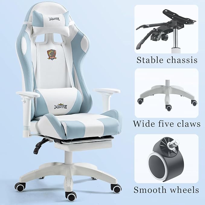 Comfy Blue Gaming Office Chair with Footrest Ergonomic Design for Neck Pain Relief Ideal for Home Office and Gaming Pink Without footrest