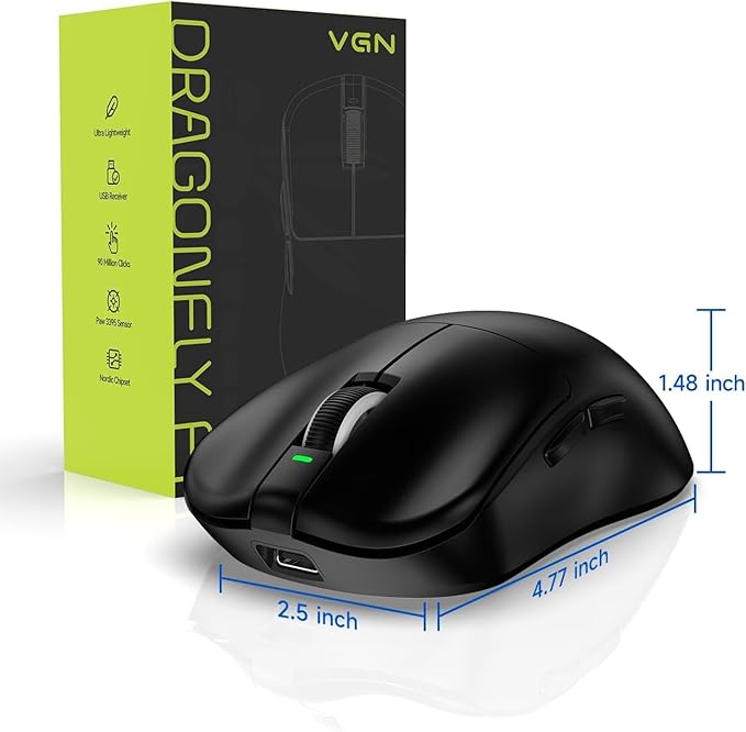 VGN F1 Wireless Gaming Mouse 26000 DPI High Precision 55g Lightweight 4K Polling Rate 200-Hour Battery Life 6 Programmable Buttons USB-C Charging Gaming Mouse Wireless for PC/Mac/LaptopBlack