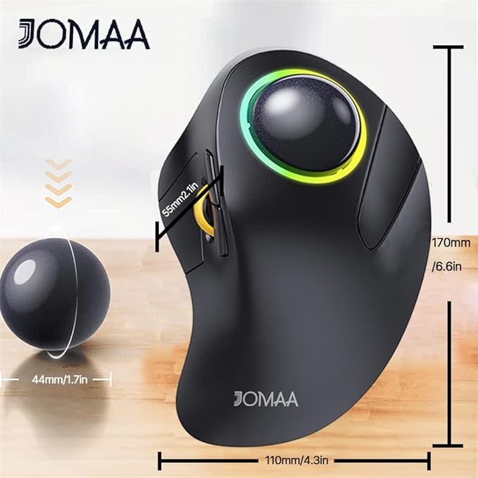 JOMAA Wireless Bluetooth Computer Trackball Mouse with RGB BacklightFinger Control 3 Device Switch Silent Rechargeable Ergonomic Drawing Office Mouse for Laptop Desktop Computer Tablet Phone