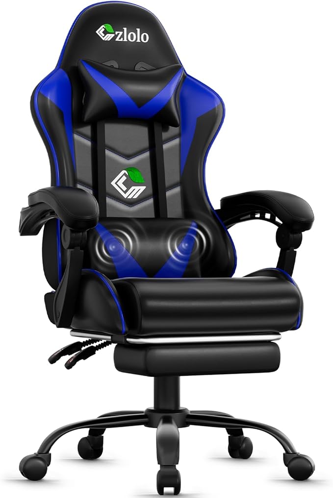 Gaming Chair with Footrest Racing Style Lumbar Support Massager Video Game Chair with Metal Legs High Back Reclining Gamer Chair with Headrest 360° Swivel Office Computer Desk Chair (Blue)