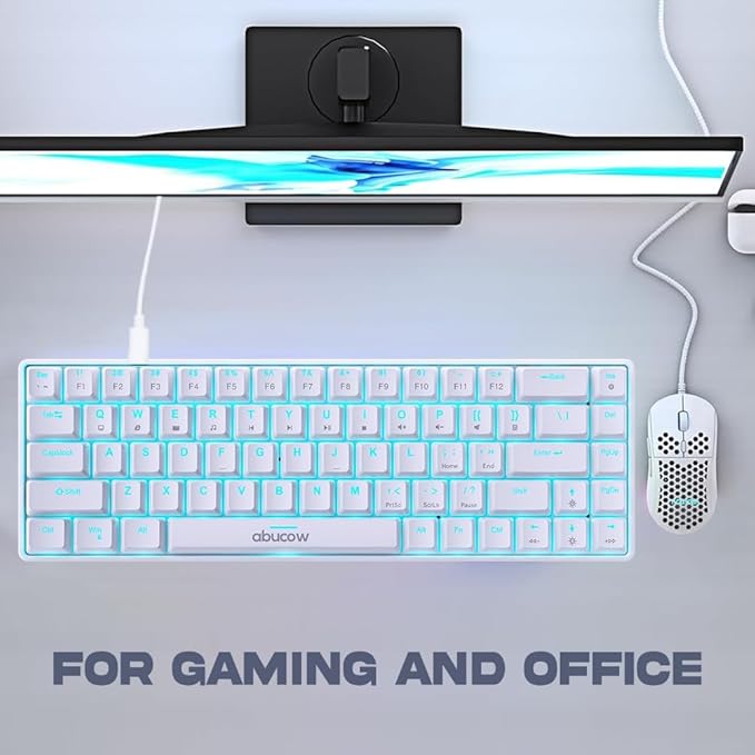 abucow 65% Mechanical Gaming Keyboard Black Switch Wired Compact Keyboard with Blue Backlight Swappable White Keycaps for Windows/Mac