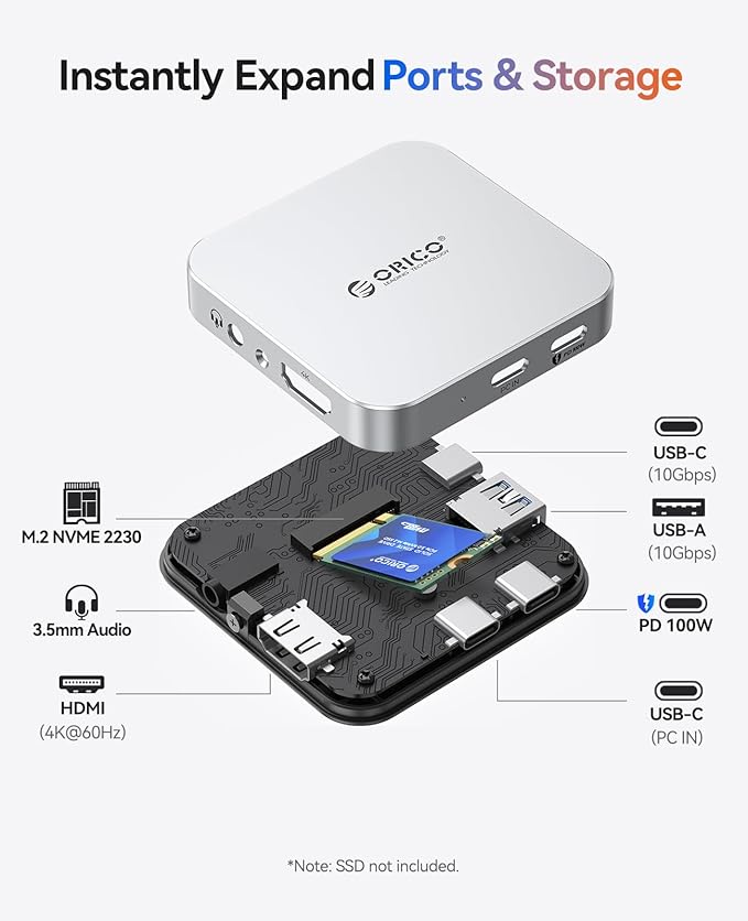 ORICO 10Gbps Magnetic M.2 Docking Station 6-in-1 USB C HUB &amp M.2 2230 NVMe Enclosure with HDMI 4K@60Hz USB-A&ampC 3.2 100W PD AUX USBC Dock for iPhone 17/16/15 Pro/Pro Max
