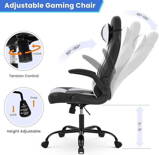 Gaming Chair PU Leather Computer Chair with Flip-up Armrest and Lumbar Support Ergonomic High Back Home Office Chair Comfy Video Game Chair for Home Bedroom White