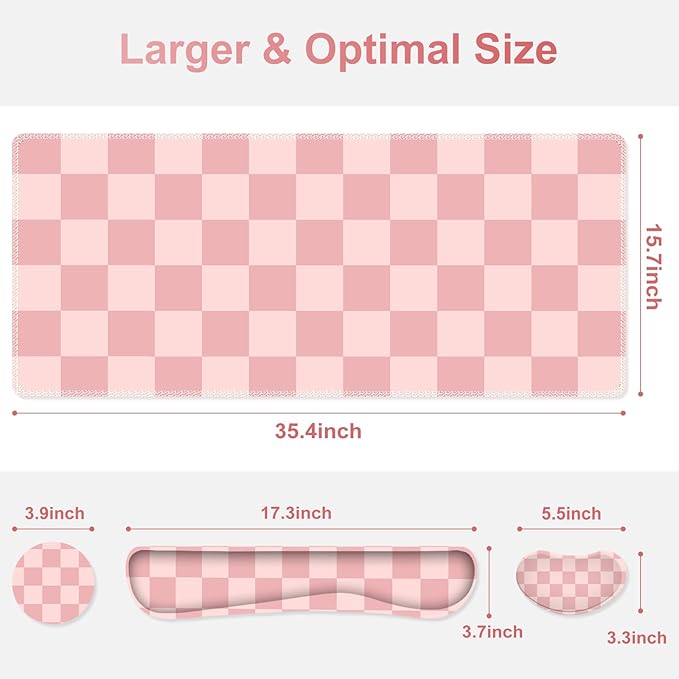 Soft Pink Checkerboard Mouse Pad Set 4 in1 Ergonomics Keyboard Desk Mat with Memory Foam Wrist Rest Extended Game Mousepad Non-Slip Large Gaming Desk Pad Matt Easy Typing Pain Relief