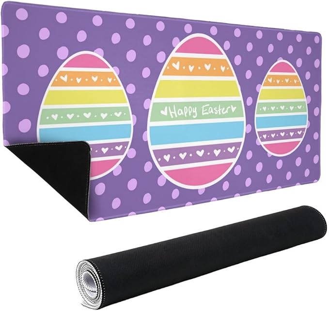 Cute Rainbow Happy Easter Egg Large Gaming Mouse Pad Desk Mat with Stitched Edges Non-Slip Base for Gamer Home and Office
