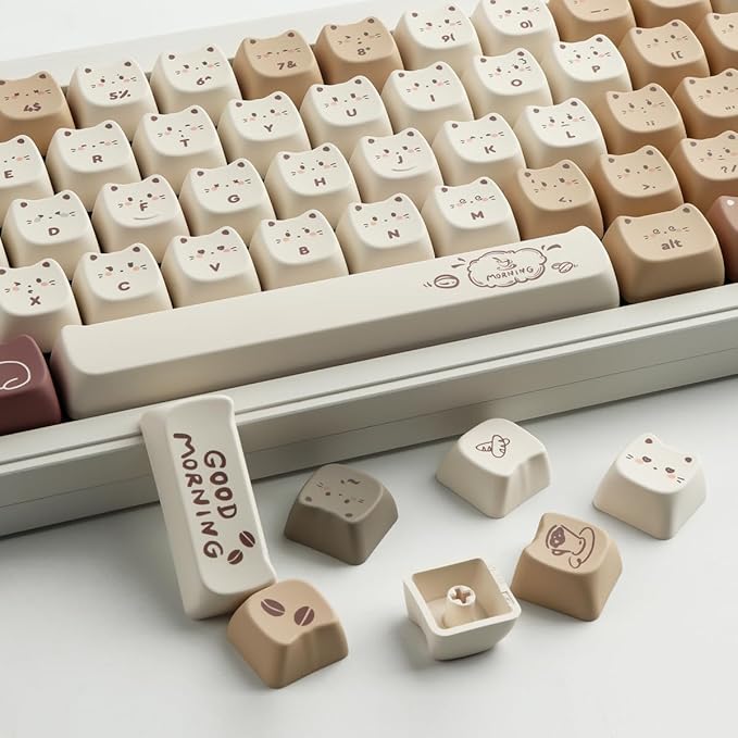 PBT Keycaps 142 Keys Cute Keycaps Dye-Sublimation Coffee Cat Keycap Mao Profile Custom Keycap for Cherry Gateron MX Swithes Mechanical Gaming Keyboards