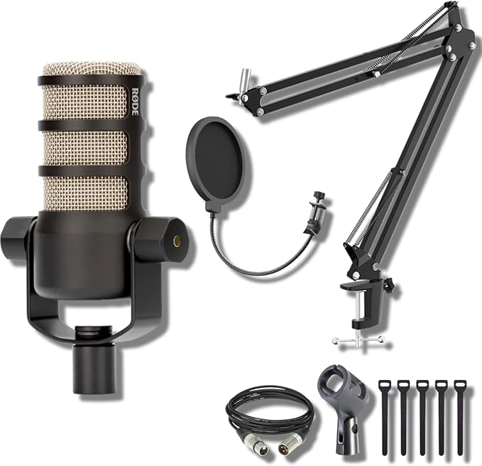 Rode PodMic Cardioid Dynamic Broadcast Microphone with StreamEye BOOMARM1 Microphone Boom Arm Pop Filter and XLR Cable
