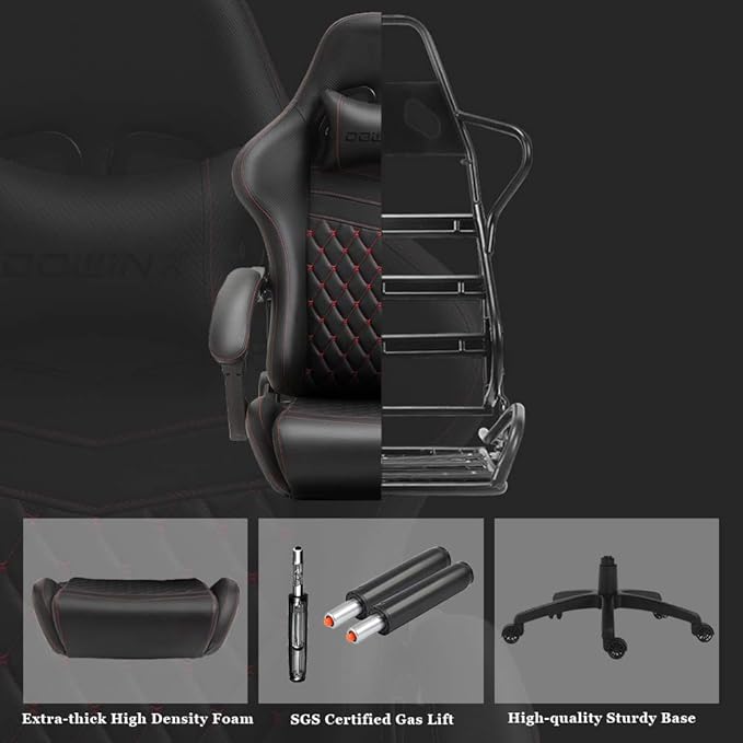 Dowinx Gaming Chair Big and Tall Ergonomic Game Chair for Adults with Footrest and Massage Lumbar Support High Back Computer Gamer Chair PU Leather 350Lbs for Office Home Black