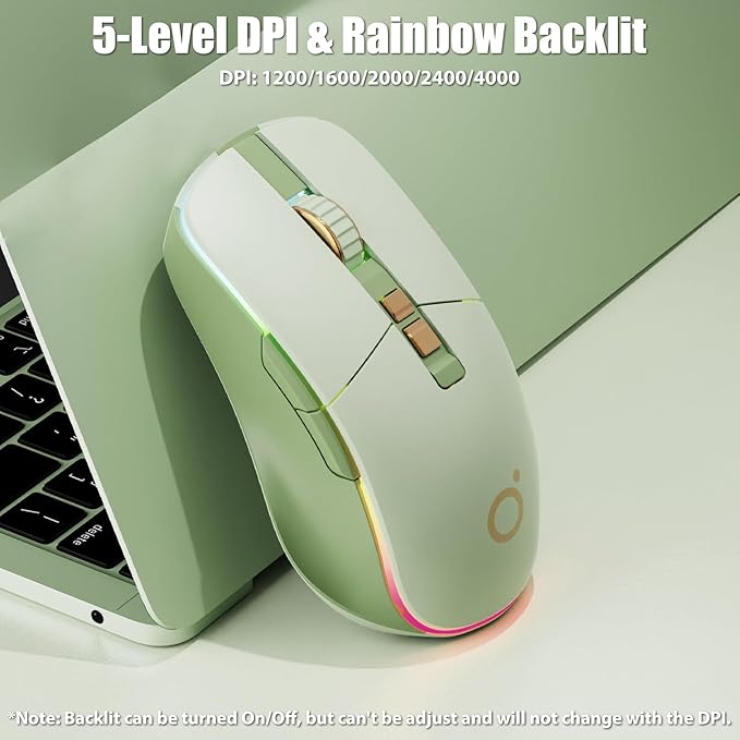 Wireless Gaming Mouse Tri-Mode 2.4Ghz/Bluetooth 5.0/Wired USB-C with RGB LED Backlit 5-Level DPI Rechargeable Ergonomic Silent Optical Mice for iMac/MacBook/Computer/Laptop Matcha Green
