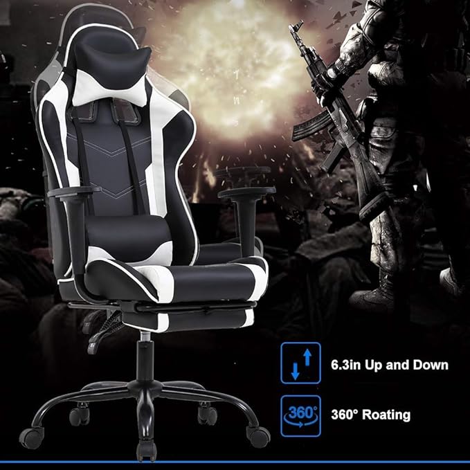 Ergonomic Gaming Chair for Adults Adjustable High-Back Computer Desk Chair with Lumbar Support and Footrest Leather Office Chair for Gaming Big and Tall Comfy Gamer Chair(White)