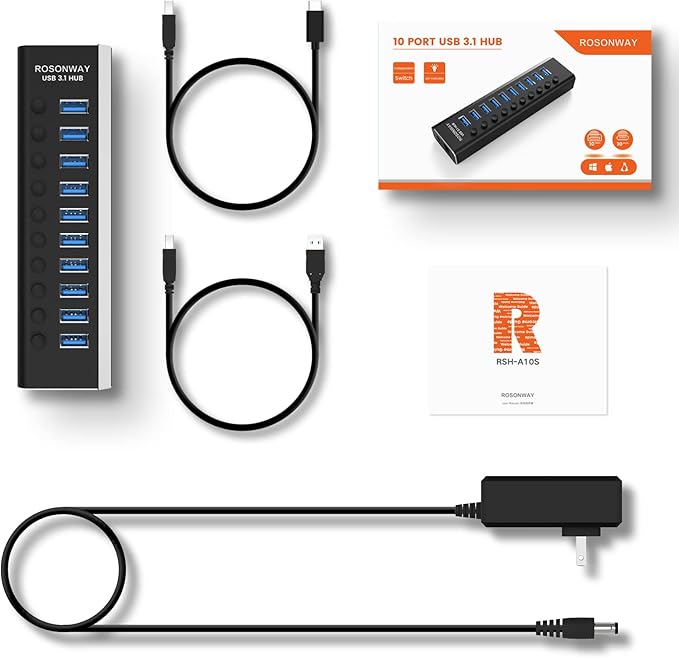 Powered USB Hub Rosonway 10 Port USB 3.1/3.2 Gen 2 Hub 10Gbps with 36W (12V/3A) Power Adapter Type A and Type C Cables Aluminum USB C Hub Splitter for PC and Laptop (RSH-A10S) (Pack of 2)