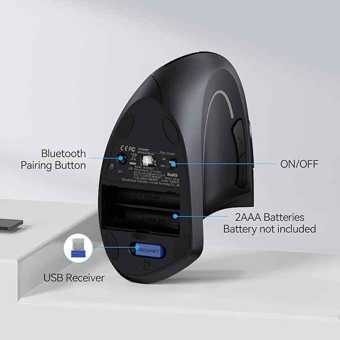 TECKNET Ergonomic Mouse Wireless Bluetooth Vertical Mouse 4800 DPI Optical Tracking 6 Adjustable DPI Quiet Clicks 2.4GHz with USB A Receiver 12 Months Battery 6 Buttons Wide Compatibility
