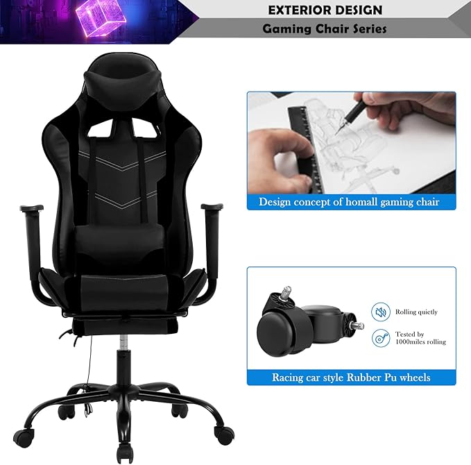 Massage Gaming Chair with Headrest and Footrest Ergonomic Gaming Desk Chair Lumbar Support Computer Game Chair Leather Video Gaming Chair Adjustable Gamer Chair for Adults Kids Black