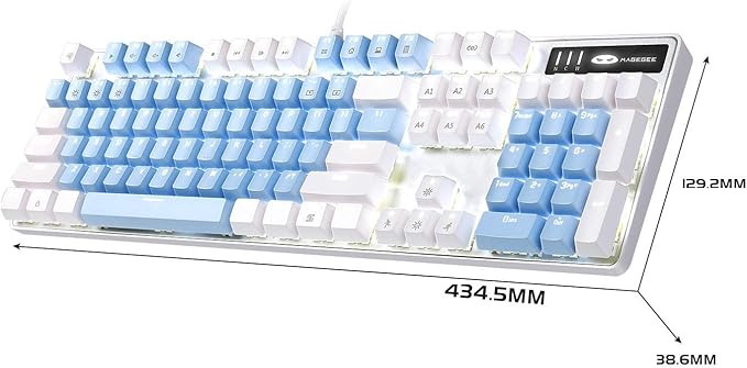 MageGee Mechanical Gaming Keyboard 104 Keys White Backlit Mechanical Keyboards with Red Switches &amp Double-Shot Keycaps Wired Ergonomic Computer Keyboard for Desktop PC Gamers (White &amp Blue)
