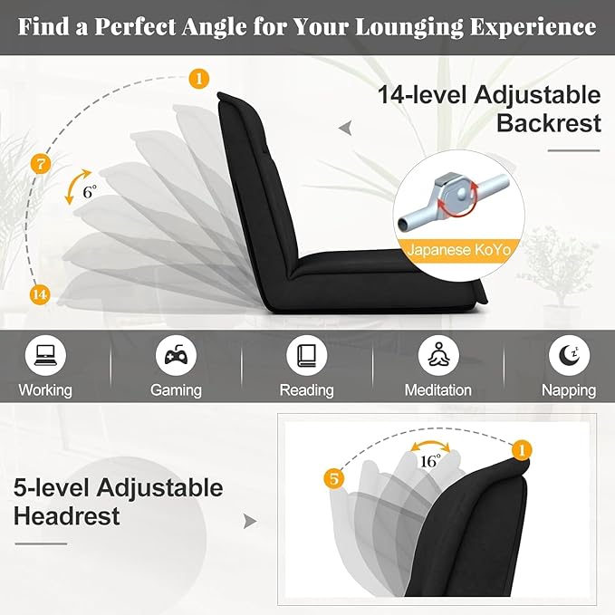 KOMFOTT Floor Chair with Back Support 14-Position Adjustable Cushioned Lazy Sofa Chair with Skin-Friendly Faux Suede Fabric Lounge Chairs for Video Gaming Reading Mediation Black