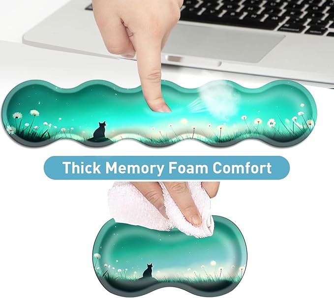 Keyboard Mouse Pad Set Extended Gaming Mouse Pad+Ergonomics Keyboard Wrist Rest Support Memory Foam Easy Typing Pain Relief 4Pcs XL Ultra Thick Desk MatCat in Dandelion Field
