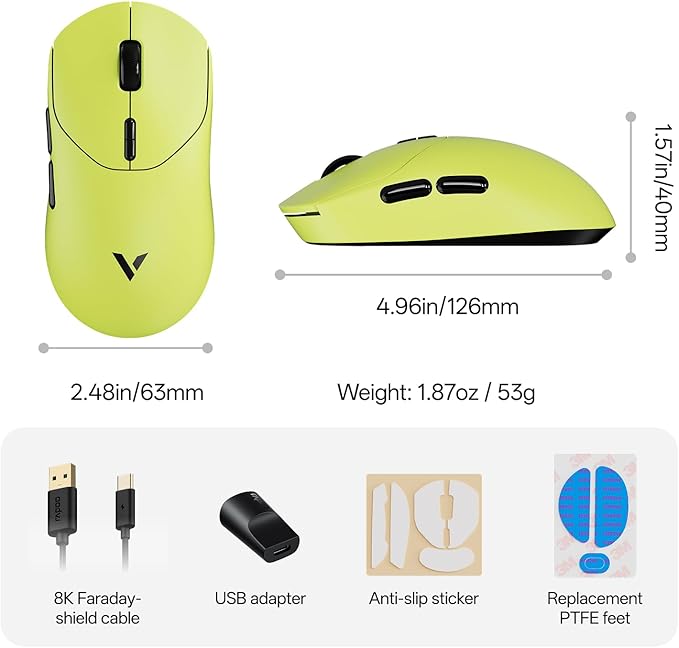 Rapoo VT2 Wireless Gaming Mouse True 8K Wireless Polling Rate 53g Lightweight Up to 750 Hr Battery Nordic nRF54L15 MCU 100-Million Mechanical Switch 10 Programmable Buttons Macro Enabled