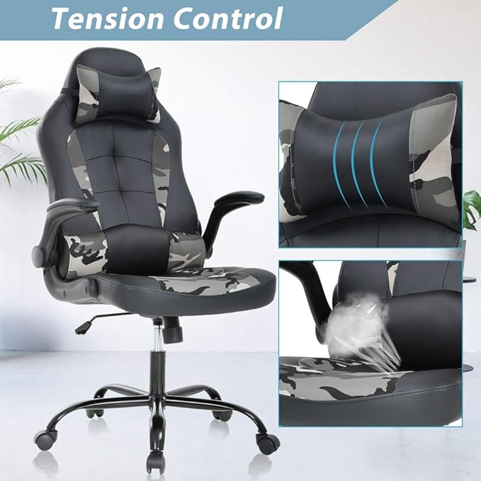 Gaming Chair High Back Home Office Chair Ergonomic PC Racing Chairs with Flip-up Arms PU Leather Computer Chairs Adjustable Height Swivel Executive Black &amp Camo