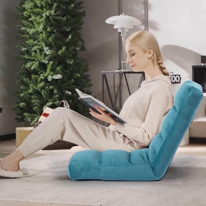 Floor Chair 24 inches Wide Oversized Velvet Armless Lay Flat Floor seat Padded Meditation Chair with 6 Adjustable Position Ergonomic Comfortable Convenient(LRSF-010-BLUE)