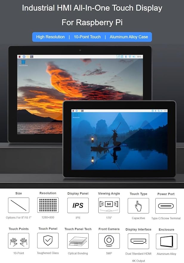 10.1inch 1280×800 Industrial HMI All-in-one Touch Display for Raspbery Pi Supports Dual 4K HDMI Output 10-Point Touch Accessories Pack Pnly Withou Raspbery Pi with Power Supply + TF Card