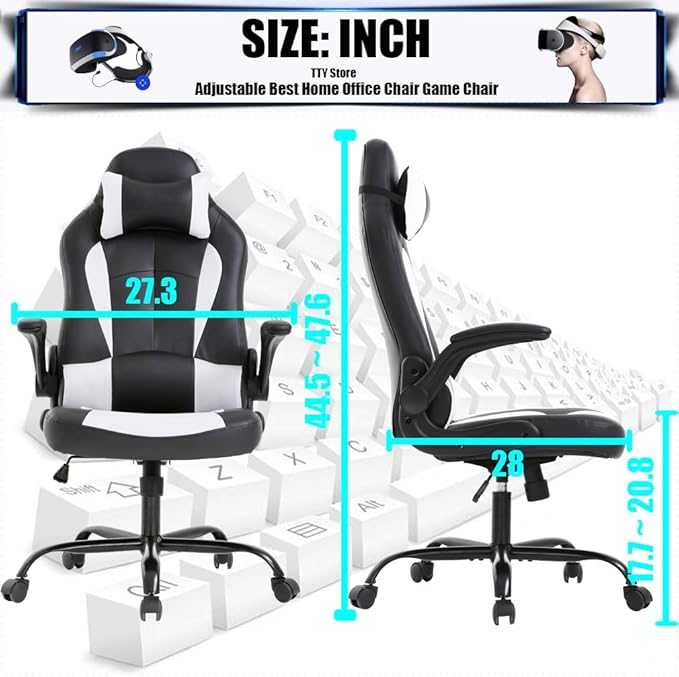 PC Gaming Chair Ergonomic Racing Heavy Duty Office Chair Video Game Chair Massage Function Lumbar Support with Flip Up Arms &amp Headrest Nice Chic Desk Chair Adjustable Best Home Office Chair - Wh