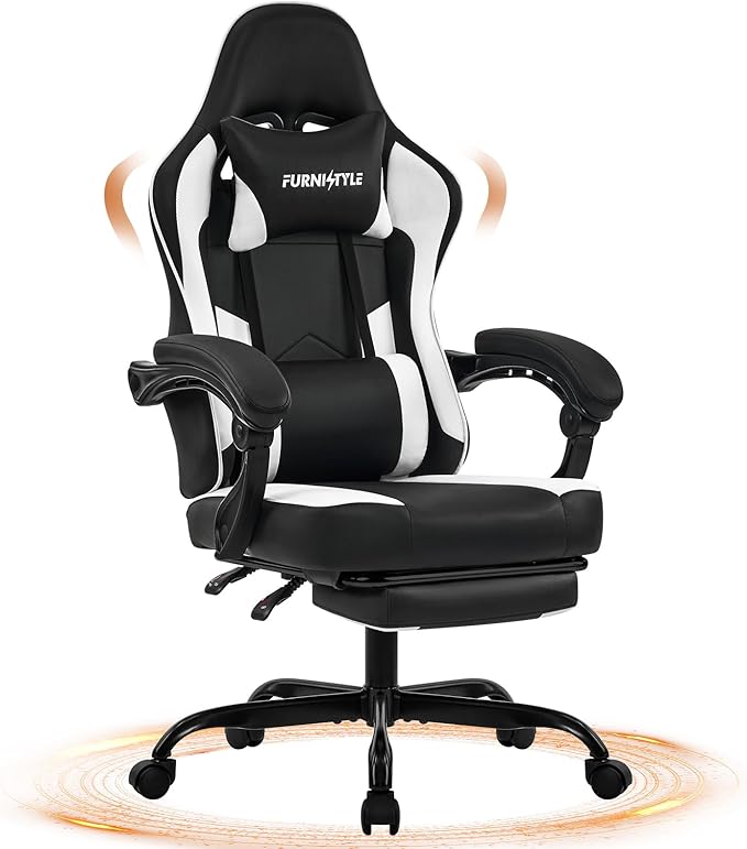 Gaming Chair with Footrest Reclining Video Game Chairs for Adults with Lumbar Support Linkage Armrests Ergonomic Computer Chair for Gaming or Office PU Black-White