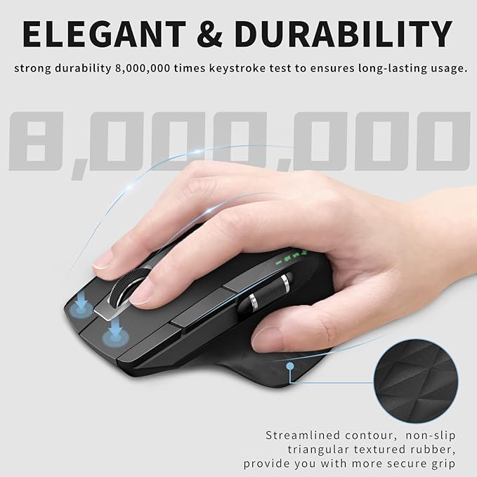 Rapoo Bluetooth Wireless Mouse 4 Adjustable DPI Rechargeable Multi-Device (3 Bluetooth+USB) Programmable Ergonomic Mouse with Side Roller Laser Mouse for Laptop Desktop PC