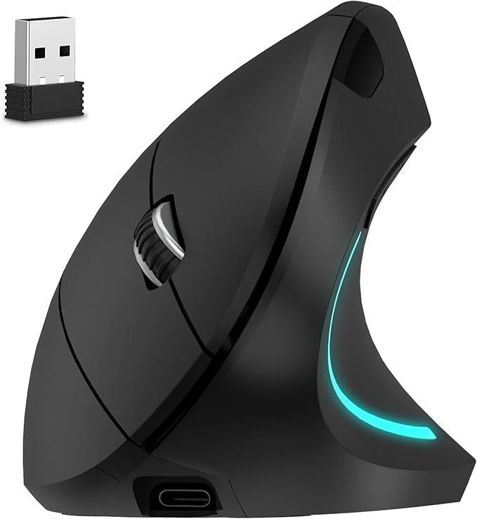 Delton Ergonomic Vertical Rechargeable Wireless Mouse with Auto Pair USB Dongle 6 Buttons 3 Adjustable DPI Levels (800/1200/2400) Compatible for PC Laptop Mac Chromebook - Black