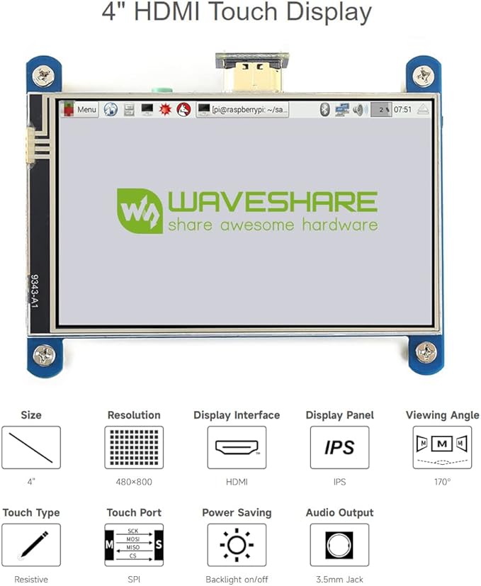 waveshare 4inch Resistive Touch Screen LCD Compatible with Raspberry Pi 4B/3B+/3A+/2B/B+/A+/Zero/Zero W/WH/Zero 2W CM3+/4 480×800 Resolution HDMI IPS Supports Windows