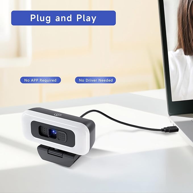 4K Webcam with Light Webcam for PC with Microphone USB Computer Camera for Desktop Web cam with Tripod Plug and Play Web Camera for Desktop Computer